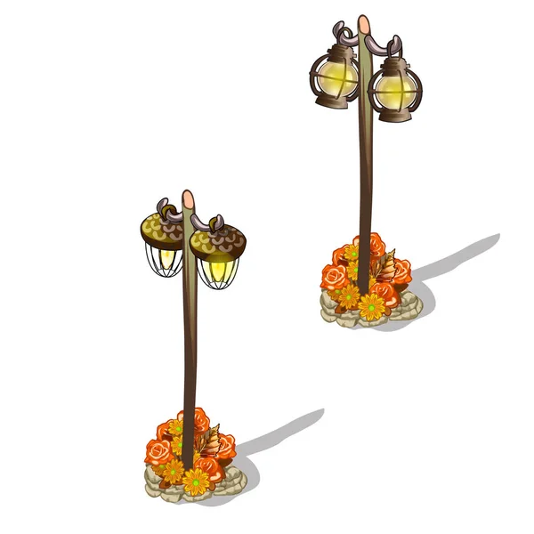 Vintage street lights decorated with buds of orange flowers isolated on white background. The idea of landscape design garden or floor lamp in the interior. Vector cartoon close-up illustration. — Stock Vector