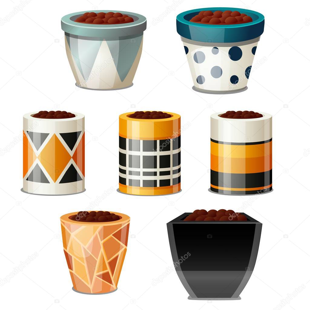 A set of creative design flower pots with soil isolated on white background. Vector cartoon close-up illustration.