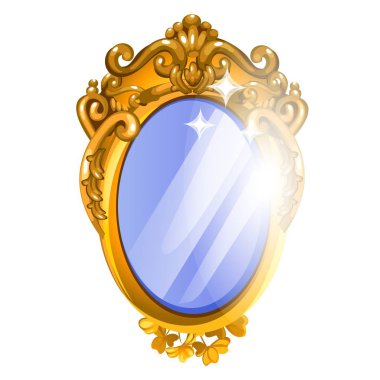 Vintage ayna beyaz arka plan üzerinde izole altın süslü süslü çerçeveli. Vektör karikatür yakın çekim Şekil.