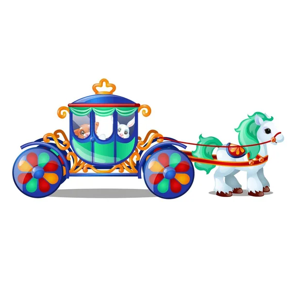 Cavalo de circo animado ou pônei carrega pequenos animais na carruagem isolados em fundo branco. Desenhos animados vetoriais ilustração close-up . — Vetor de Stock