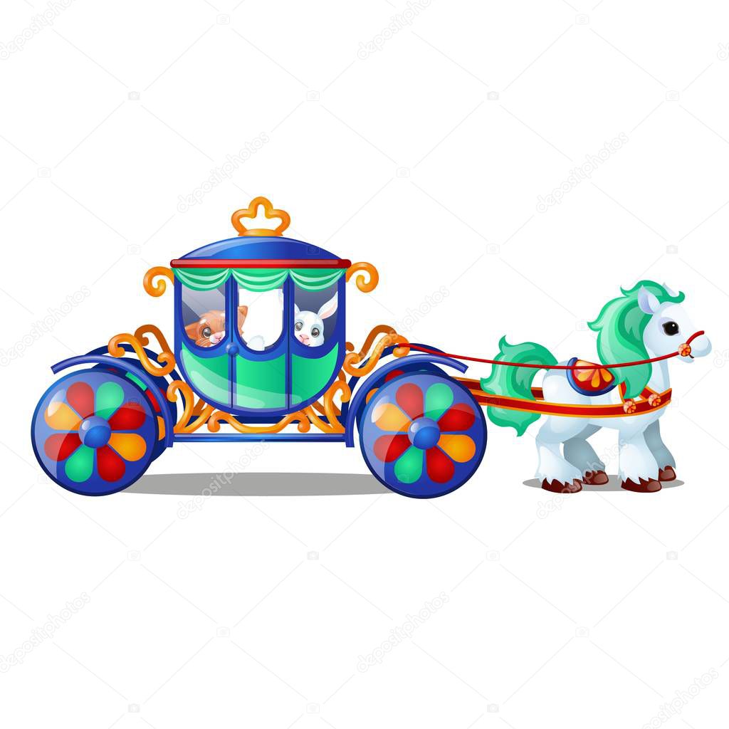 Animated circus horse or pony carries small animals in the carriage isolated on white background. Vector cartoon close-up illustration.