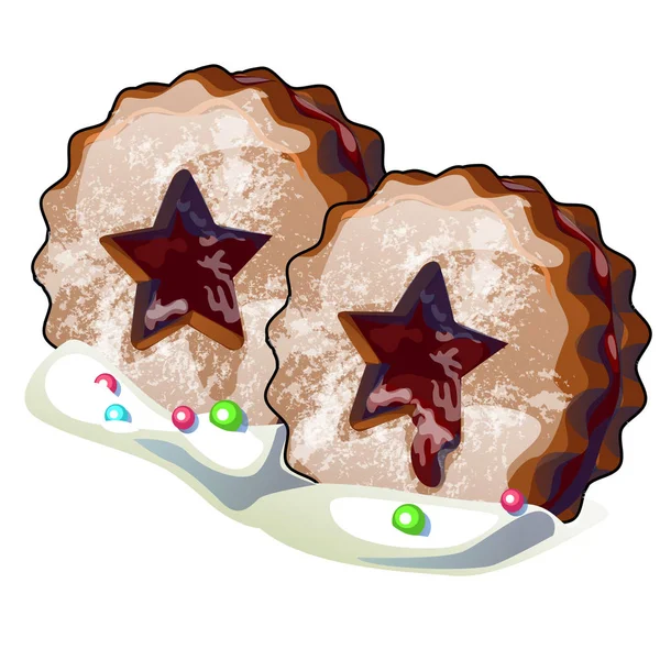 Galletas de chocolate navideño con relleno en forma de estrella aislada sobre fondo blanco. ilustración de primer plano de dibujos animados vectoriales . — Vector de stock