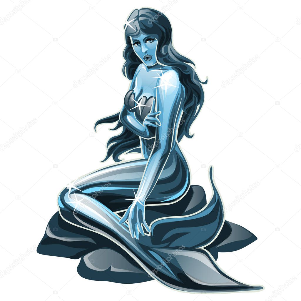 Steel sculpture of a mermaid isolated on white background. Vector cartoon close-up illustration.