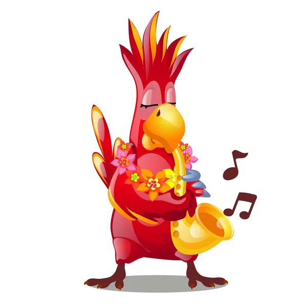 Vicces piros papagáj játék egy zenei fúvós elszigetelt fehér background. Vektor rajzfilm közeli illusztrációs. — Stock Vector