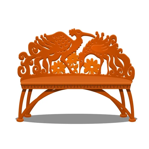 Dřevěné vyřezávané lavice v podobě fantasy ptáci izolovaných na bílém pozadí. Vektor kreslené detail obrázku. — Stockový vektor