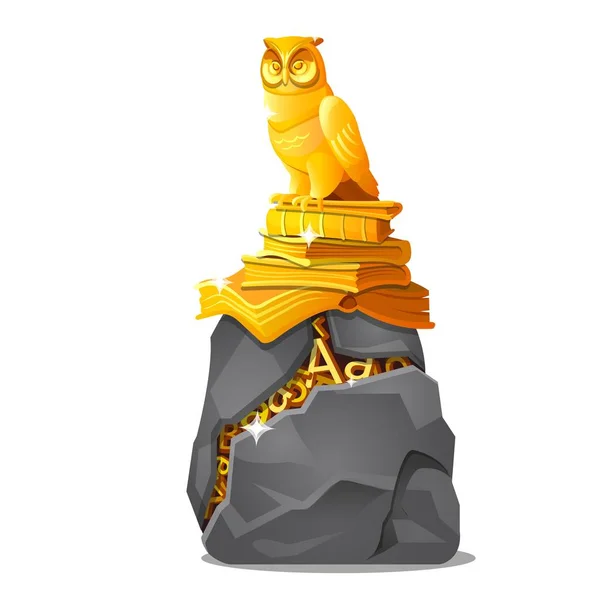 Estatua de búho dorado en libros y piedra agrietada con letras hechas de oro aisladas sobre fondo blanco. ilustración de primer plano de dibujos animados vectoriales . — Vector de stock
