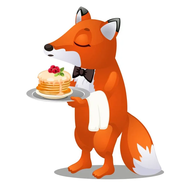 Le serveur renard porte une assiette de crêpes au lait condensé et framboises isolées sur fond blanc. Illustration en gros plan de dessin animé vectoriel . — Image vectorielle