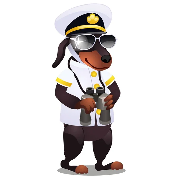 Hund im Kostüm des Kapitäns des Schiffes mit Fernglas auf weißem Hintergrund. Vektor-Karikatur in Nahaufnahme. — Stockvektor