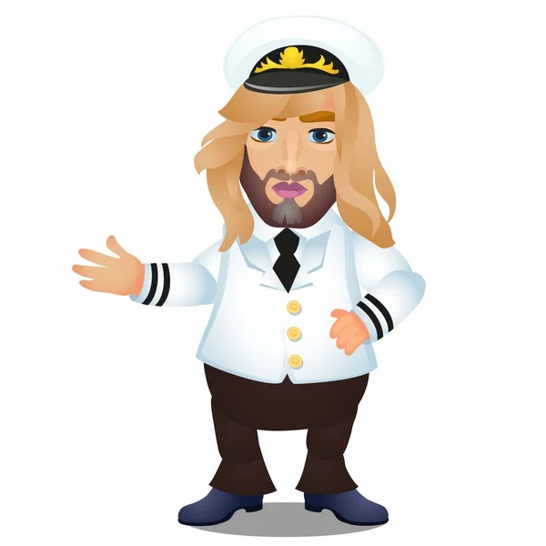 Long-haired captain of the ship in uniform and cap isolated on white background. Vector cartoon close-up illustration. — Stock Vector