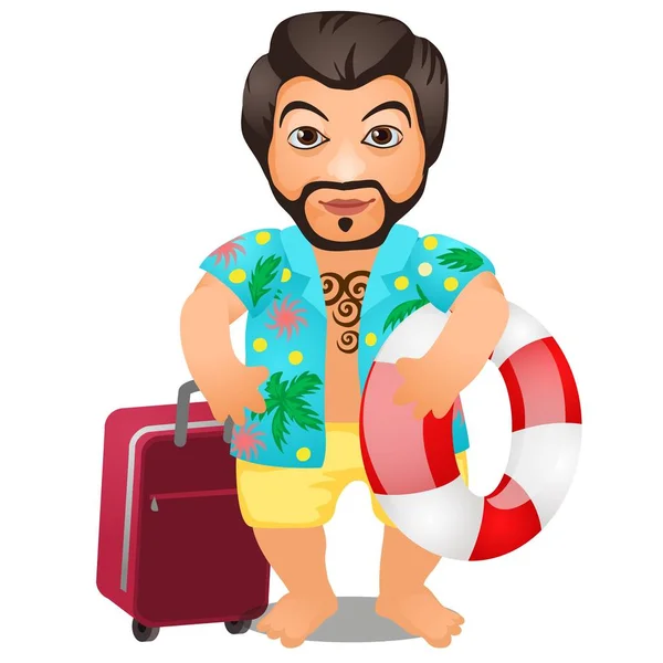 Animated male tourist with a suitcase and a lifeline isolated on white background. Vector cartoon close-up illustration. — Stock Vector