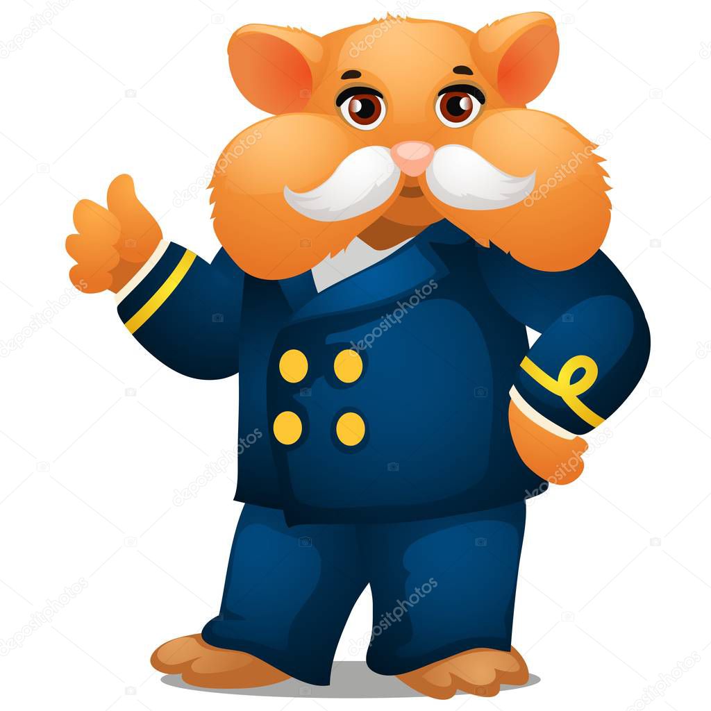 Hamster in the costume of the captain of the ship isolated on white background. Vector cartoon close-up illustration.