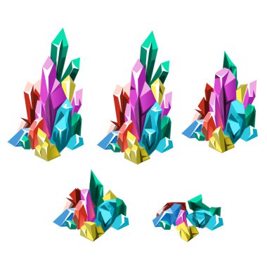 Beyaz arka plan üzerinde izole çok renkli kristal minerallerin oluşumu aşaması. Vektör karikatür yakın çekim Şekil.