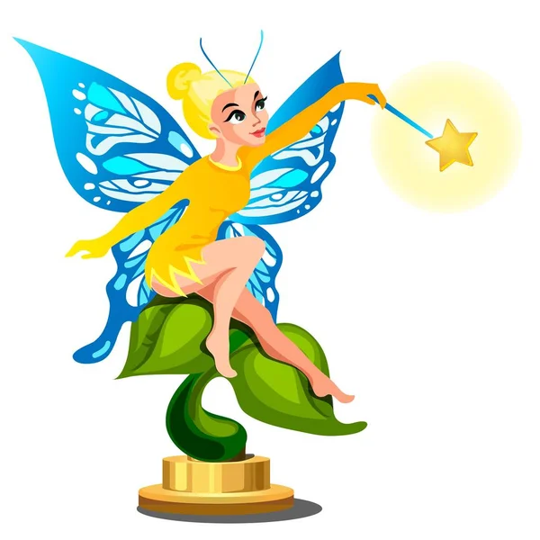 Statue d'une jeune belle fée avec une baguette magique isolée sur fond blanc. Illustration en gros plan de dessin animé vectoriel . — Image vectorielle