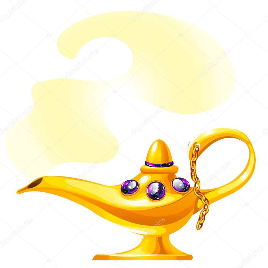 A gold magic oil lamp isolated on white background. Vector cartoon close-up illustration.