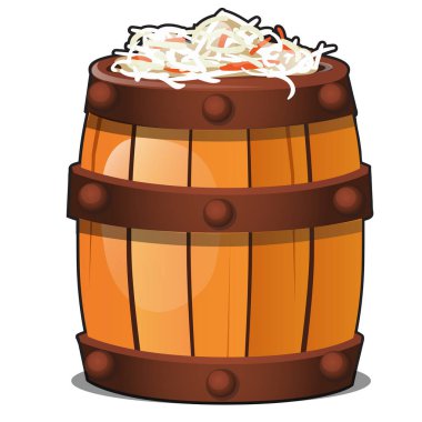 Wooden barrel filled with fermented vegetarian sauerkraut isolated on white background. Traditional old rural Russian marinated food. Vector cartoon close-up illustration. clipart