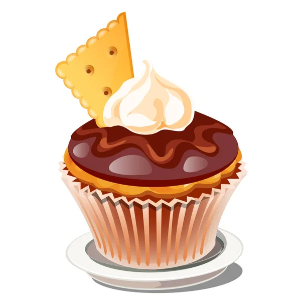 Cupcake con crema batida y glaseado de chocolate marrón con la decoración de galletas aisladas sobre un fondo blanco. Dibujos animados vector ilustración primer plano . — Archivo Imágenes Vectoriales