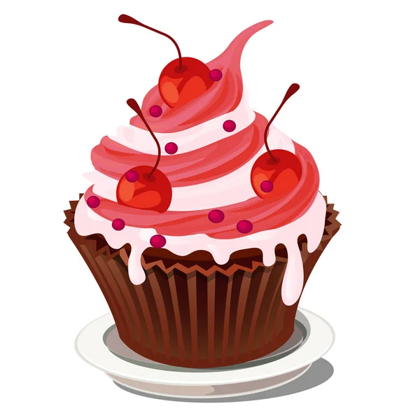 Sweet cupcake dessert in paper basket with whipped cream and pink berry topping with the decoration of ripe red juicy cherries isolated on a white background. Cartoon vector illustration close-up. — Stock Vector