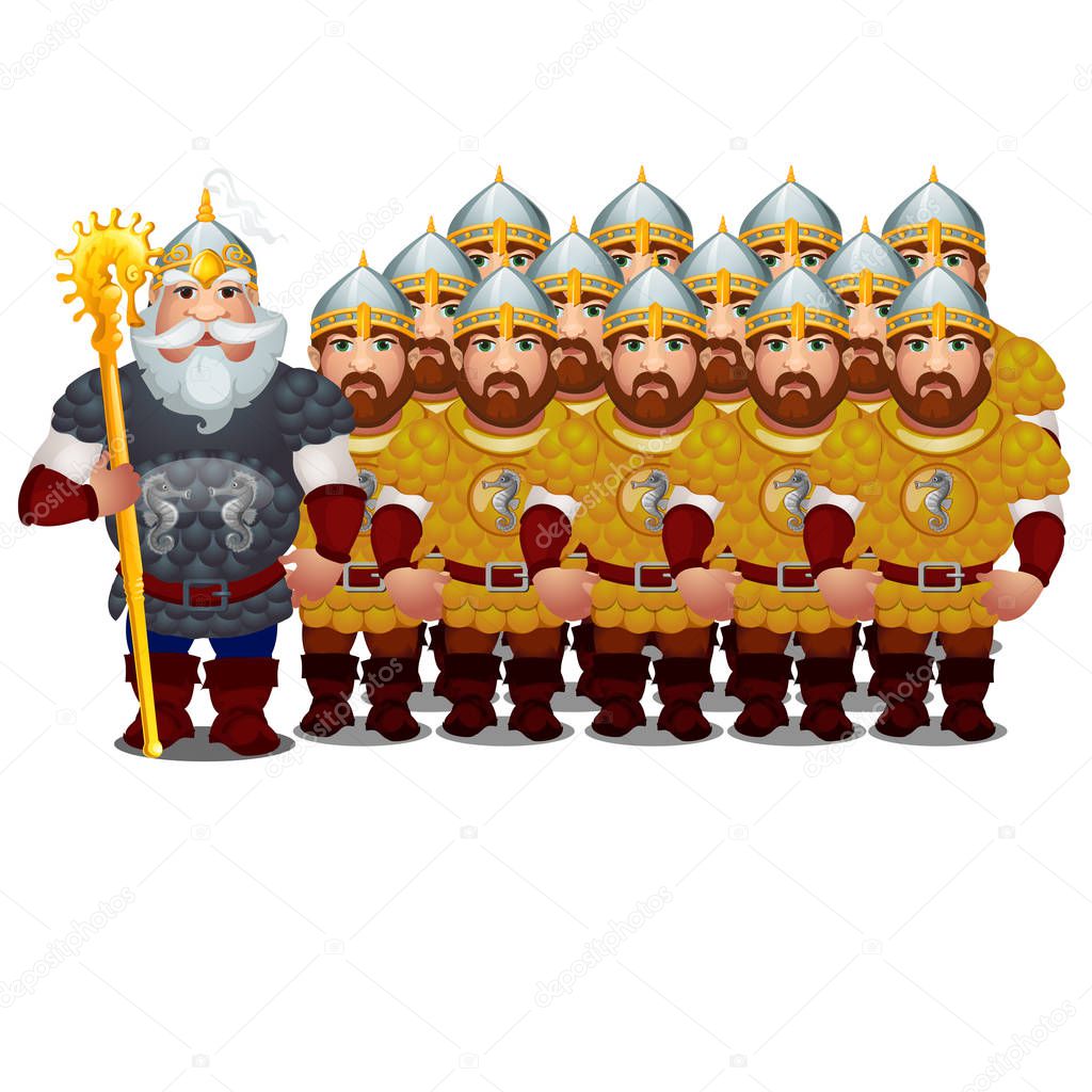 Commander with army of epic heroes of Russian folklore and folk tales isolated on white background. Vector cartoon close-up illustration.