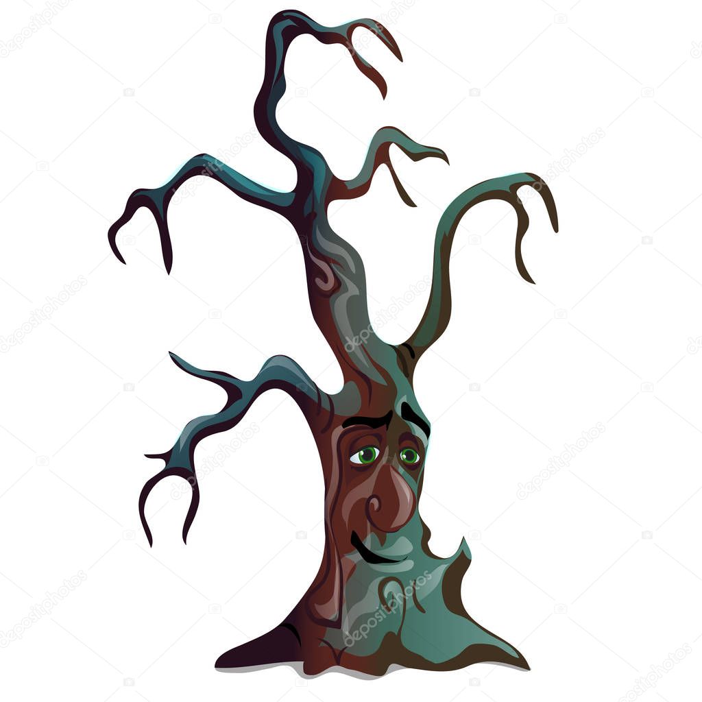 Fantasy dark withered deciduous tree isolated on white background. Sketch for greeting card, festive poster, party invitation of holiday of evil spirit Halloween. Vector cartoon close-up illustration.