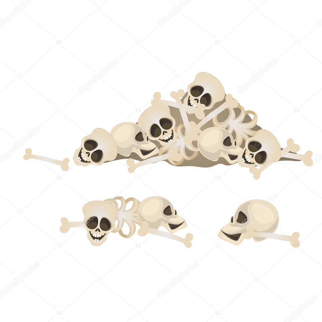 Set of human skulls and bones lying in a heap isolated on white background. Terrible attributes of the celebration of holiday of all evil Halloween. Vector cartoon close-up illustration.