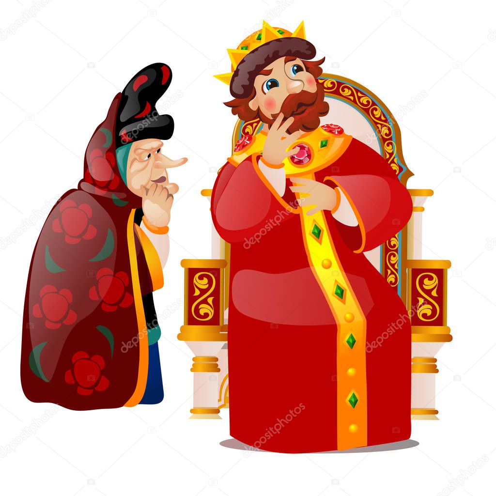 The old woman persuades the king to think. Characters of Russian folklore and folk tales isolated on white background. The gossip queen and snitch. Vector cartoon close-up illustration.