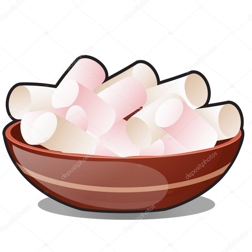 A bunch of marshmallows in a clay bowl isolated on white background. Vector cartoon close-up illustration.