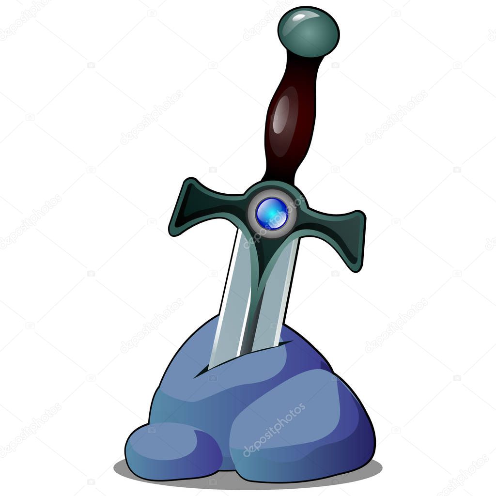 An ancient sword stuck in a stone isolated on white background. Vector cartoon close-up illustration.