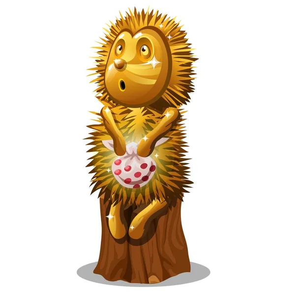 Gouden beeldje in de vorm van een egel met een zak zit op een boomstronk geïsoleerd op een witte achtergrond. Vectorillustratie cartoon close-up. — Stockvector