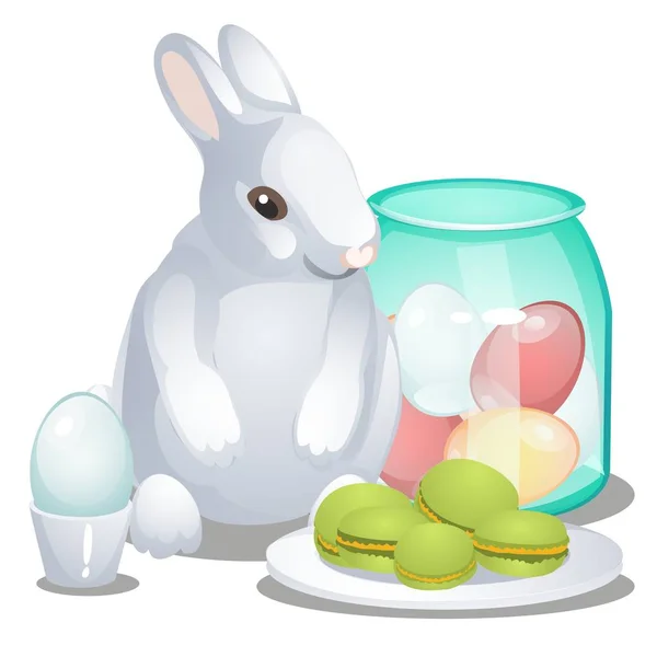 Paashaas, kleurrijke eieren en macaroni cakes geïsoleerd op witte achtergrond. Vector cartoon close-up illustratie. — Stockvector