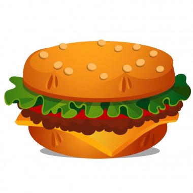 Sığır eti pirziçin büyük burger, eritilmiş peynir, marul yaprağı ve beyaz arka plan üzerinde izole domates. Vektör karikatür yakın çekim illüstrasyon. Gıda şeklinde mobilya.