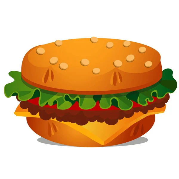 Burger besar dengan potongan daging sapi, keju yang meleleh, daun selada dan tomat diisolasi di latar belakang putih. Vektor kartun close-up ilustrasi. Perabotan dalam bentuk makanan . - Stok Vektor
