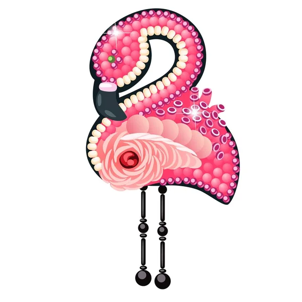 Flamingo-Figur aus Edelsteinen in Form einer Brosche isoliert auf weißem Hintergrund. Vektor-Karikatur in Nahaufnahme. — Stockvektor