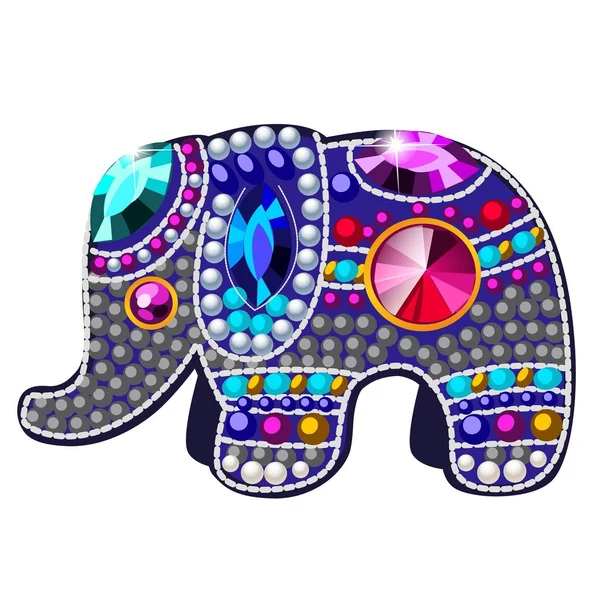 Elefántfigura készült drágakövek formájában egy bross izolált fehér háttér. Vektor rajzfilm közeli illusztráció. — Stock Vector