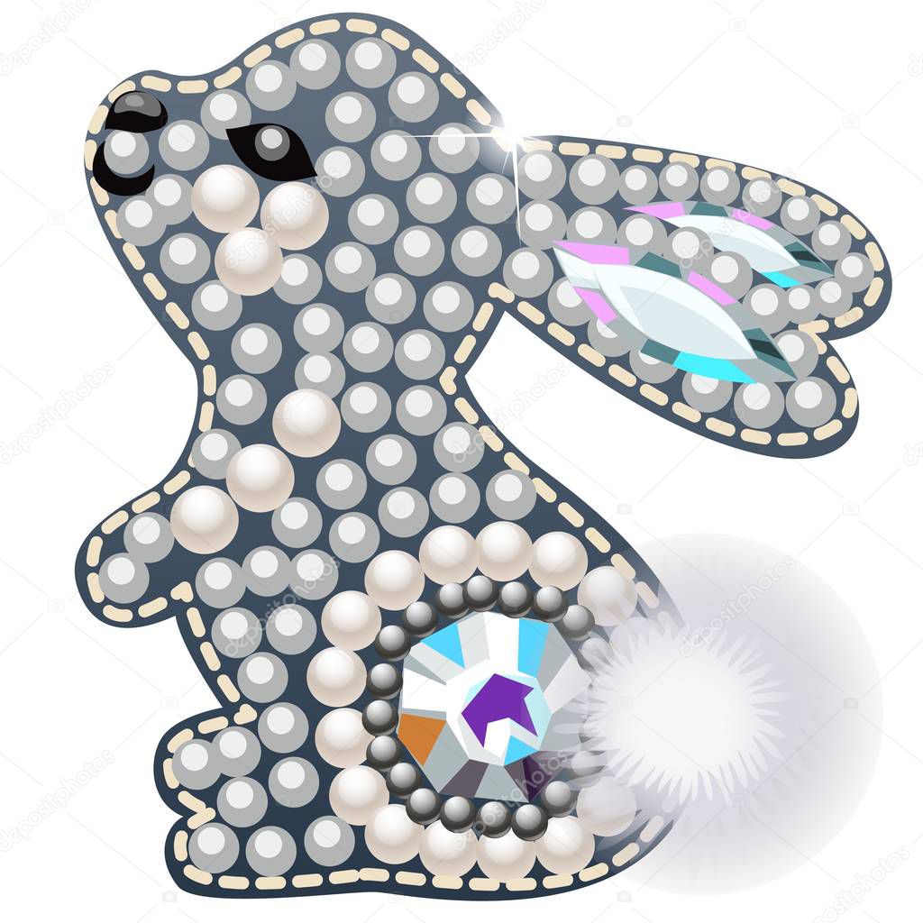 Rabbit figurine made of precious stones in the form of a brooch isolated on white background. Vector cartoon close-up illustration.