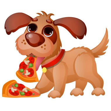 Sevimli animasyonlu köpek beyaz arka plan izole pizza yeme. Vektör karikatür yakın çekim illüstrasyon.