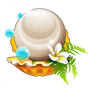 Deniz kabukları, çiçek ve beyaz arka plan üzerinde izole büyük bir inci güzel düzenleme. Vektör karikatür yakın çekim illüstrasyon.