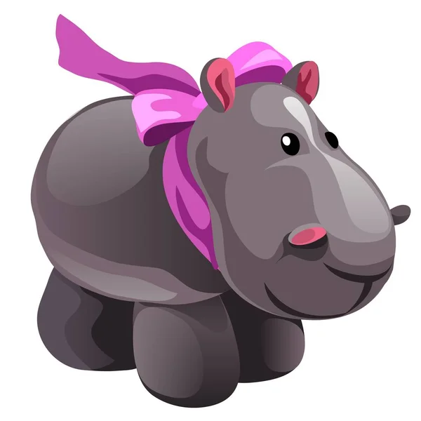 Jucărie moale pluș gri Hippo cu arc roz izolat pe fundal alb. Vector desen animat close-up ilustrație . — Vector de stoc