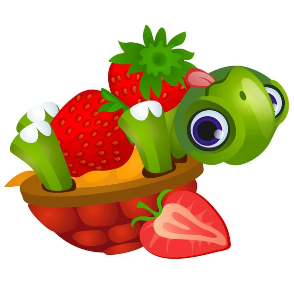 Grappige schildpad likt rijpe aardbeien geïsoleerd op witte achtergrond. Vector cartoon close-up illustratie. — Stockvector