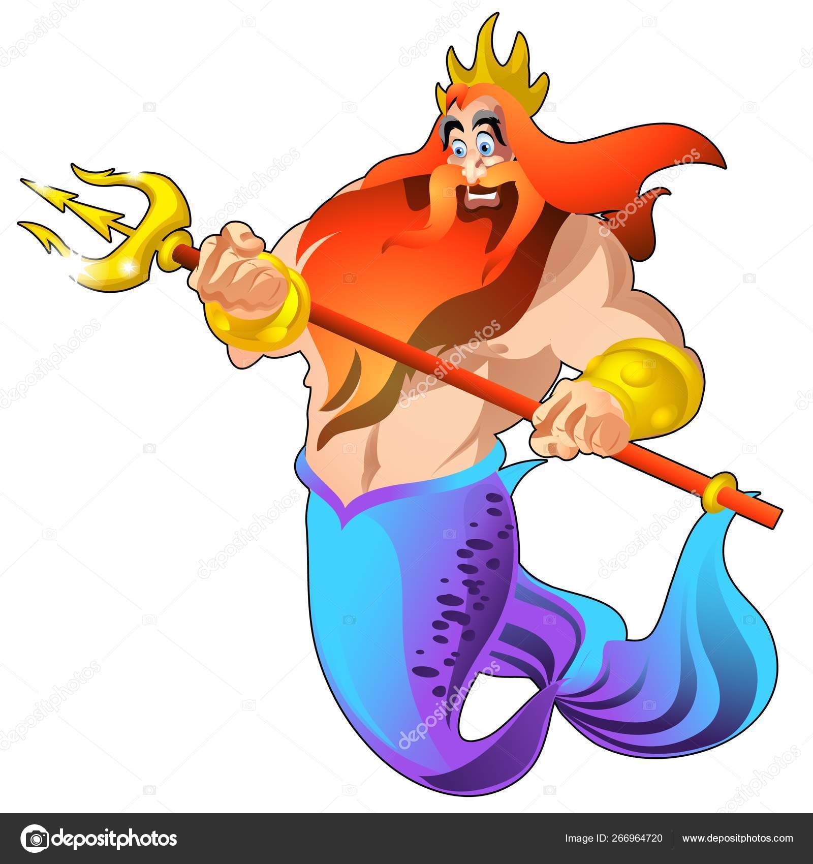 Poseidon com um tridente dourado e uma coroa isolada sobre fundo branco.  Desenhos animados vetoriais ilustração close-up . Vetor de stock de  ©Anton_Lunkov 266964720, image size:1600x1700