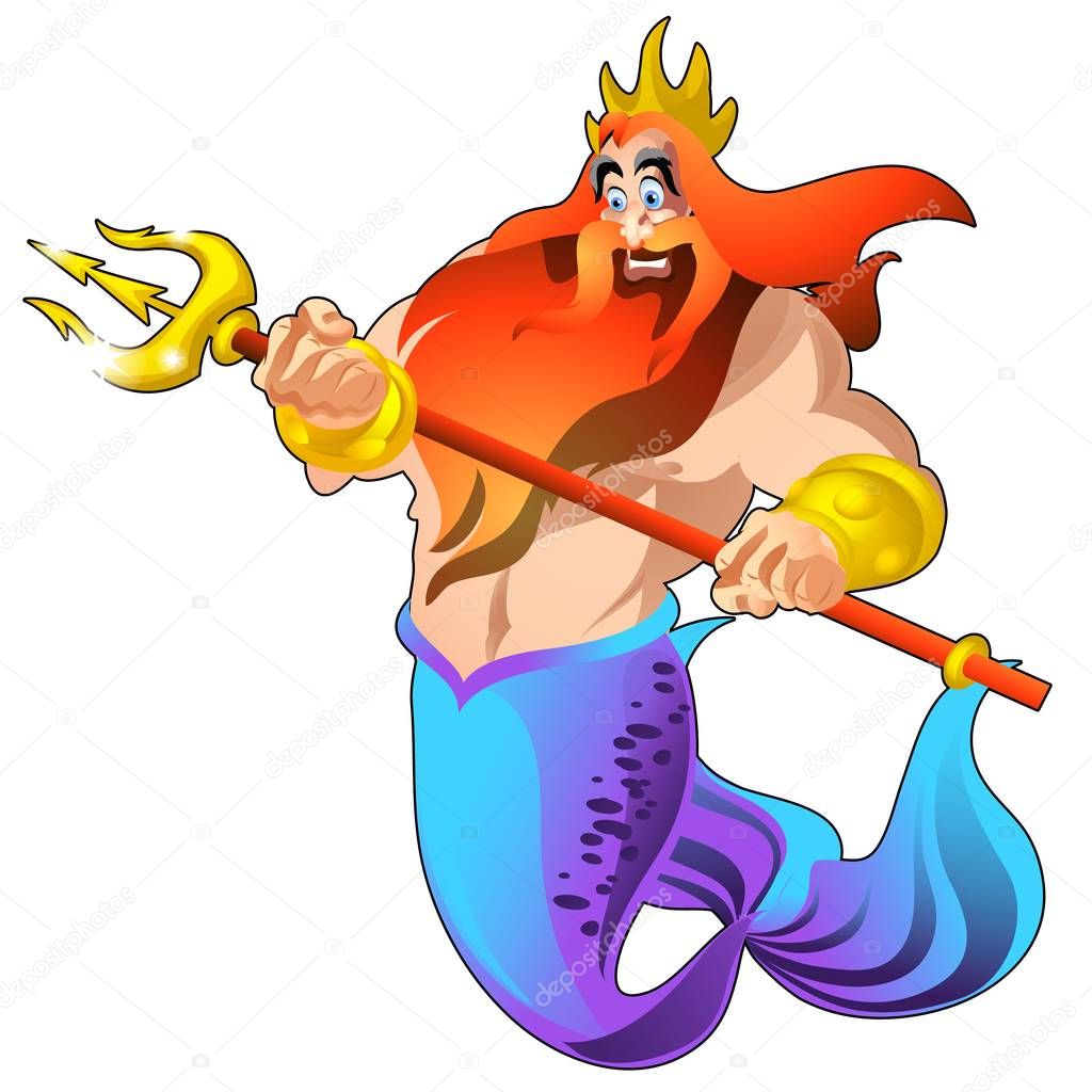 Poseidon with a golden trident and a crown isolated on white background. Vector cartoon close-up illustration.