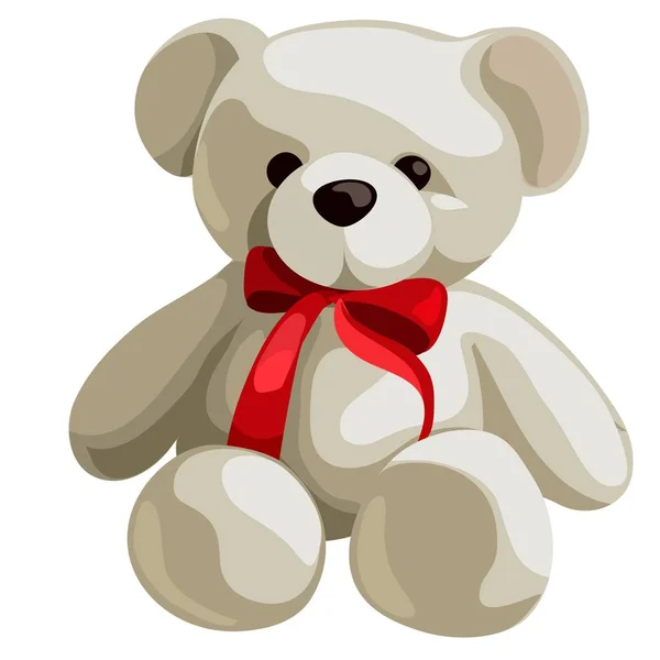 Mignon ours en peluche doux avec ruban rouge arc isolé sur fond blanc. Illustration en gros plan de dessin animé vectoriel . — Image vectorielle