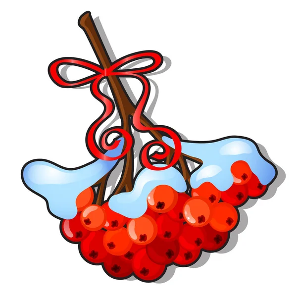 Takje rijpe rode Rowan bessen bedekt met sneeuw geïsoleerd op witte achtergrond. Monster van de poster, feest vakantie uitnodiging, feestelijke kaart. Vector cartoon close-up illustratie. — Stockvector