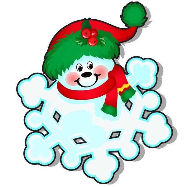 Floco de neve engraçado decorado com um boné Papai Noel isolado no fundo branco. Amostra de cartaz, convite de férias de festa, cartão festivo. Desenhos animados vetoriais ilustração close-up . — Vetor de Stock