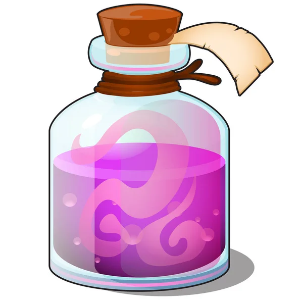 Glazen fles met roze vloeibare gesloten buis met blanco label geïsoleerd op witte achtergrond. Magische Elixer of Potion. Vector cartoon close-up illustratie. — Stockvector