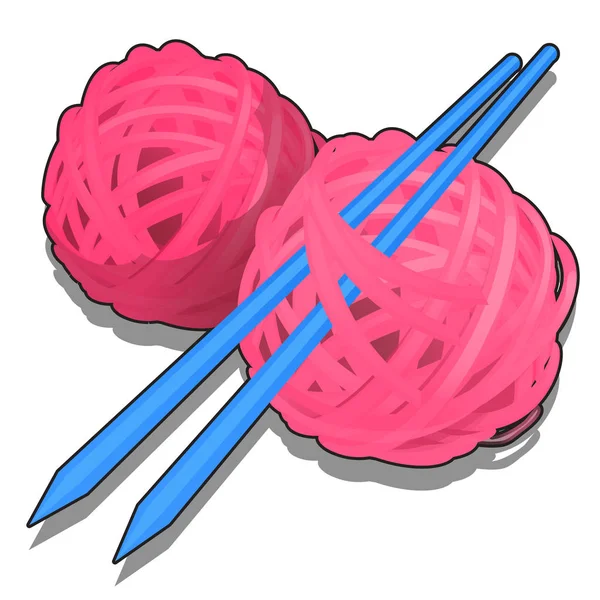 Set van roze tangles van wol garen en breinaalden geïsoleerd op een witte achtergrond. Gereedschappen en materialen voorhand werk en het maken van gebreide kleding. Vector cartoon close-up illustratie. — Stockvector