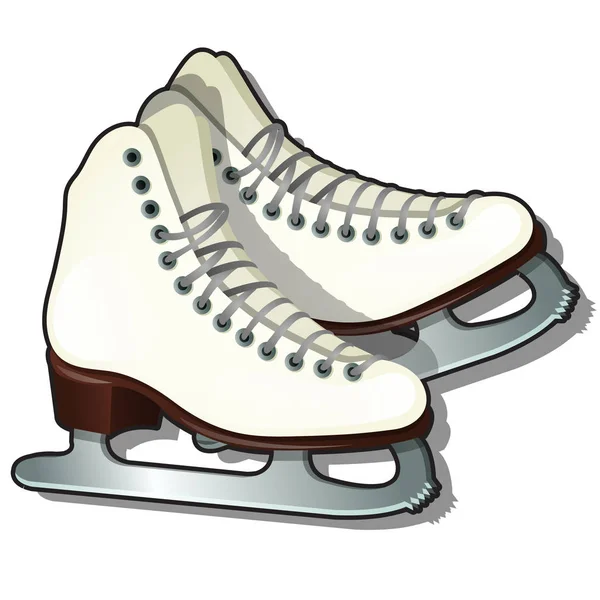 Paar witte ijs schaatsen geïsoleerd op witte achtergrond. Uitrusting voor wintersporten. Monster van de poster, uitnodiging voor feest, feestelijke banner, kaart. Vector cartoon close-up illustratie. — Stockvector