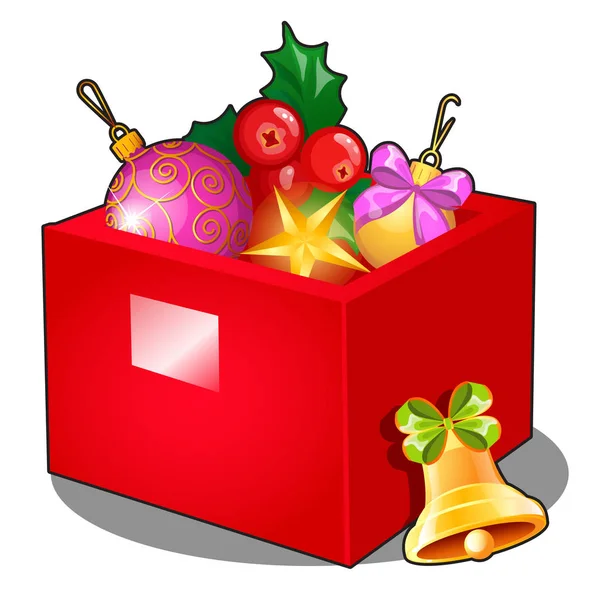 Rode doos met kerstversiering en kerstballen geïsoleerd op witte achtergrond. Monster van de poster, feest vakantie uitnodiging, feestelijke kaart. Vector cartoon close-up illustratie. — Stockvector