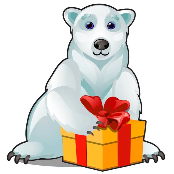 Urso branco polar animado com caixa de presente de Natal com laço de fita vermelha isolado no fundo branco. Amostra de cartaz, convite de férias de festa, cartão festivo. Desenhos animados vetoriais ilustração close-up . — Vetor de Stock