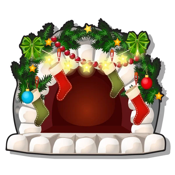 Камин из белых камней, рождественские украшения, стеклянные шары, безделушки на белом фоне. Образец плаката, праздничное приглашение, праздничная открытка. Векторная иллюстрация крупным планом — стоковый вектор