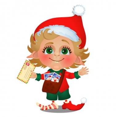 Santa yardımcı beyaz arka plan üzerinde izole posta sunar. Poster örneği, parti tatil davetiyesi, festival kartı. Vektör karikatür yakın çekim illüstrasyon.